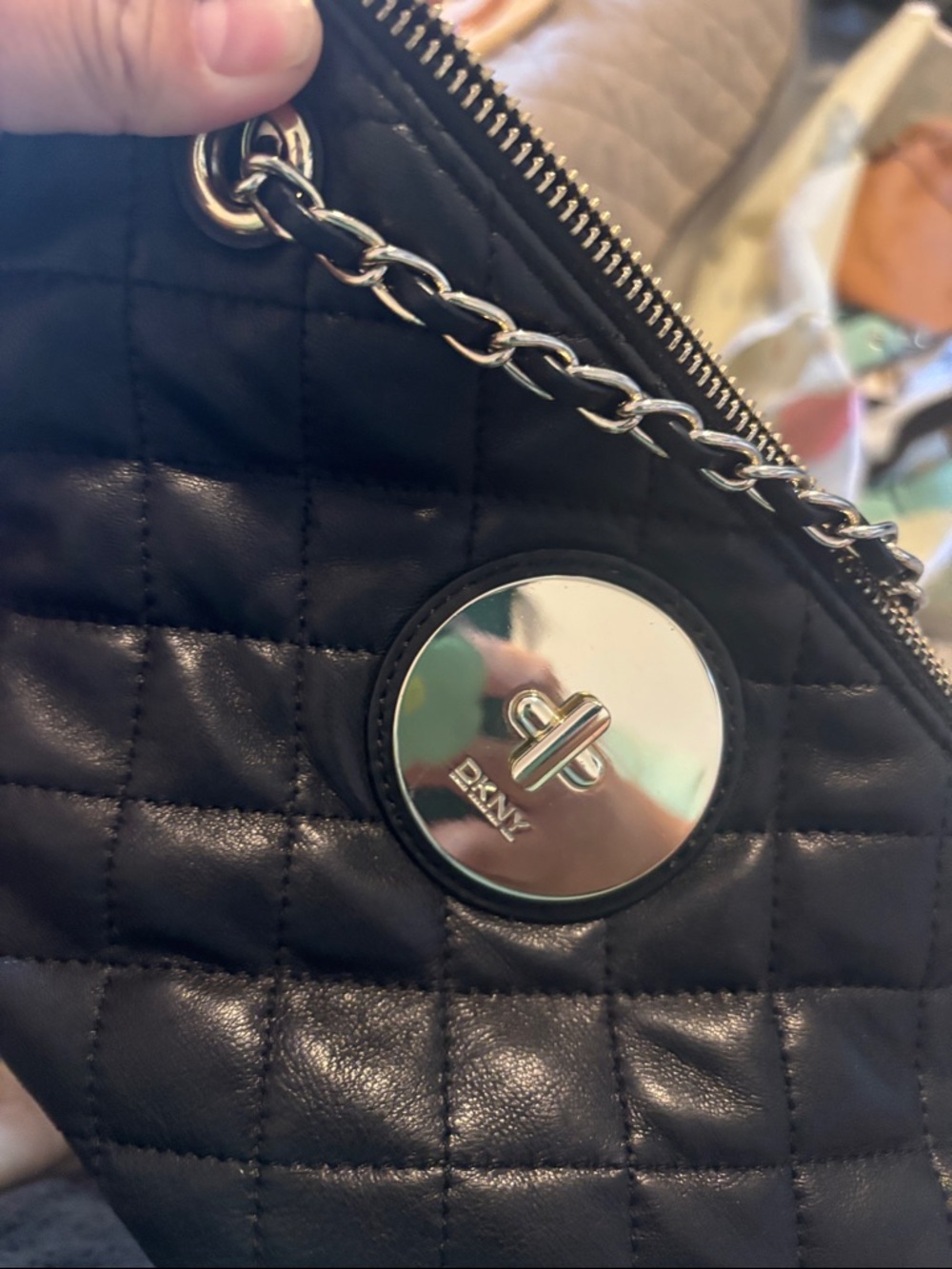 DKNY Black Quilted Leather Shoulder Bag with Silver Chain